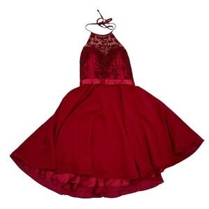 Fiesta Fashions Halter Lace Embroidered Jeweled Burgundy‎ Short Dress M/L Glam